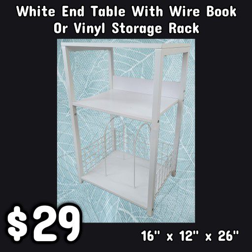 NEW White End Table With Wire Book Or Vinyl Storage Rack: Njft 