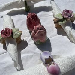 Pia Porcelain Hand Painted Floral Napkin Rings Set of 6 1980s Flower