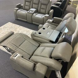 Man-den Gray Real Leather 2 Piece Power Reclining Sofa and Loveseat Set /P