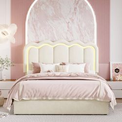 Full Size Bed Frame with LED Lights and Storage Drawer, Cream Upholstered Velvet Platform Bed with Adjuatable Wavy Headboard, Noise-Free, Easy Assembl