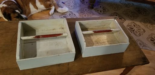 Very cool antique tool boxs ..great kitchen table pieces