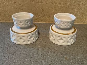 Lennox White Ceramic Candle Holders with Gold Trim