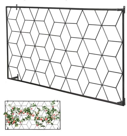 MyGift 49.6x24.5 inches Geometric Cube Pattern Style Matte Black Metal Wire Garden Trellis