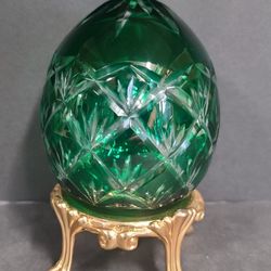 Beautiful Green Ajka Cut To Clear Hollow Hungarian Crystal Egg Paperweight With Stand