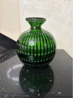 Hand-blown green Art glass vase striking dark grid and swirled striped pattern 5”
