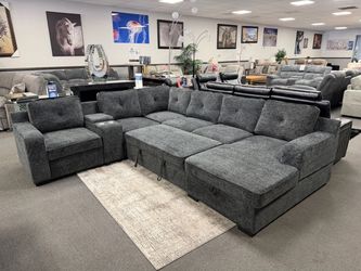 Large Gray Sectional Sofa with Pull-Out Bed