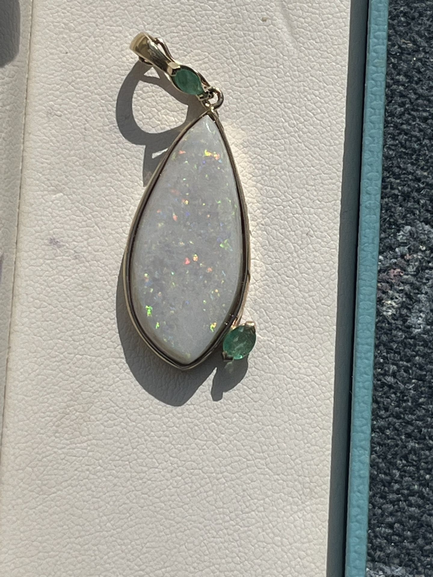 14k Large Genuine Opal With Genuine Emeralds! Pendant With Large Open Enhancer Bail