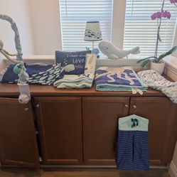 Oceania Blue/Gray/White Whale with Octopus and Fish Nautical Ocean 6-Piece Nursery Baby Crib Bedding Set