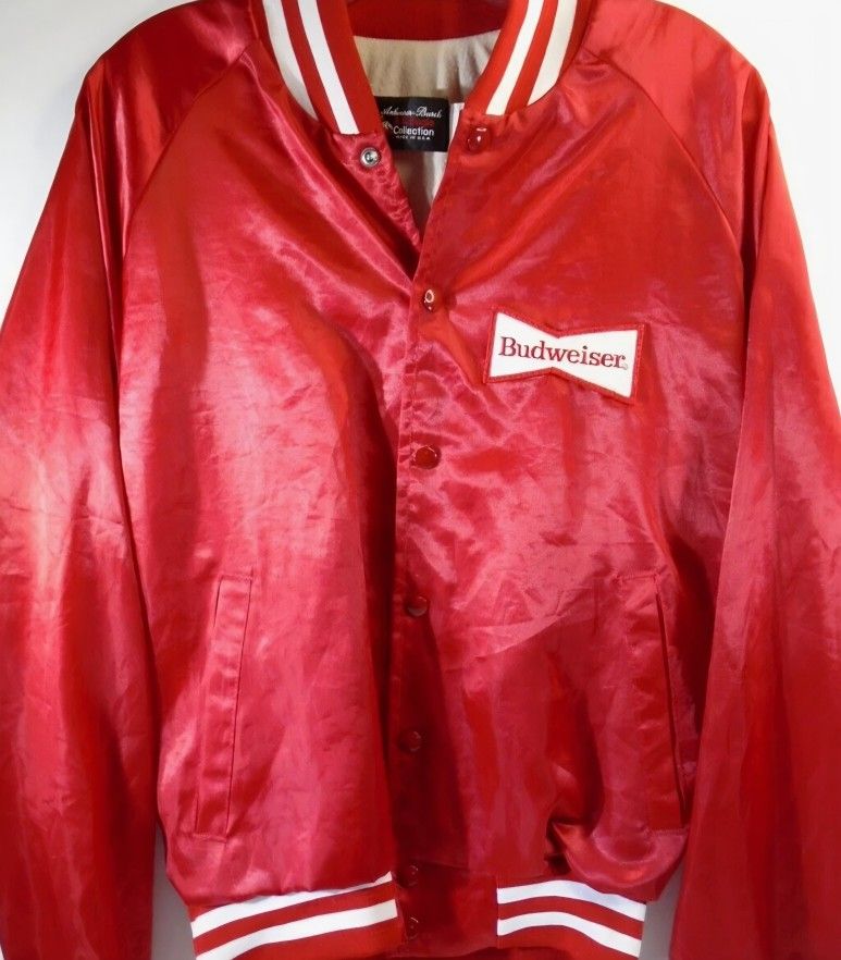 Vintage Anheuser Busch Budweiser Satin Jacket LARGE Red/White 1980's 