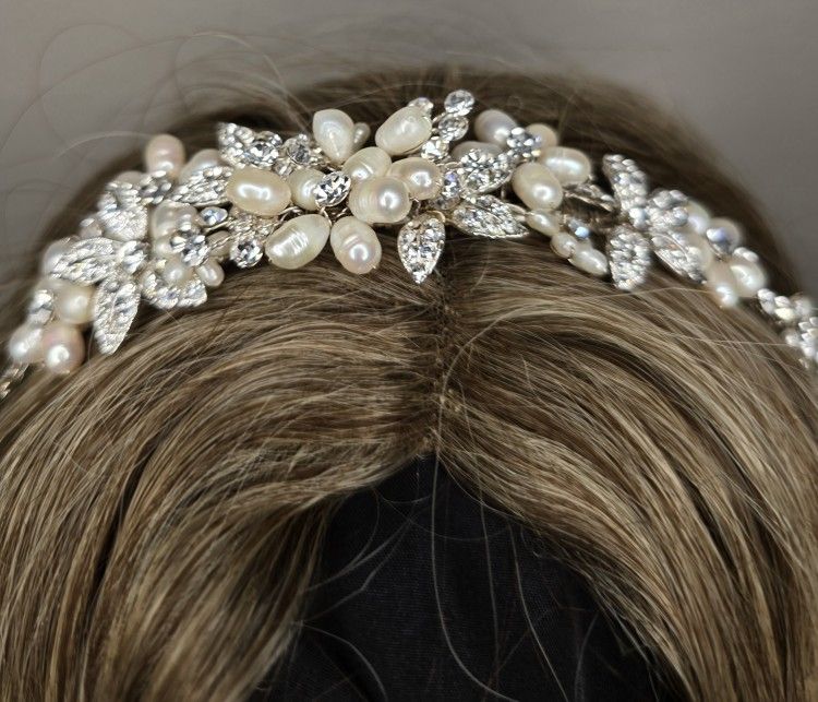 Crystal Rhinestones & Pearls Bridal Silver Floral Vines Tiara Headpiece Like New
