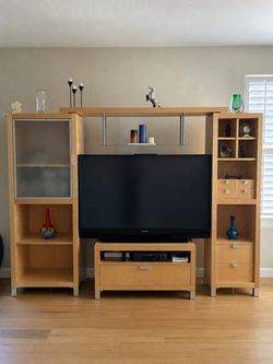 EQ3 Modern Contemporary Light Oak Large Media Television Stand Console with book shelf storage