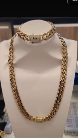 Gold Cuban Link Chain and Bracelet Set