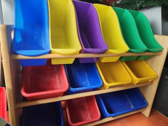 Toy craft or tool storage shelf with bins