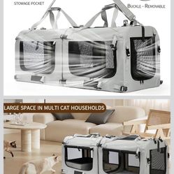 Extra Large Cat Carrier Soft Sided, Portable Small Dog Carrier for 2 Cats, 24"x16.5"x16" Car Travel Folding Comfortable Design with Litter Box and Bow