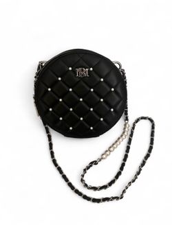Black Quilted Crossbody Bag with Pearl Details