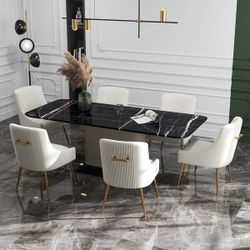 Set of 6 Beige Dining Chairs, Velvet Upholstered Dining Room Chairs with Gold Legs, Tufted Accent Chair