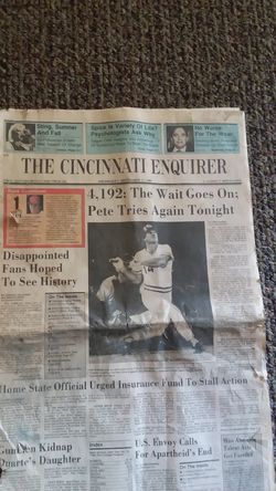 The Cincinnati Enquirer, Wednesday September 11, 1985 entire section A . Front story Pete Rose tries to break Ty Cobbs record only 30$