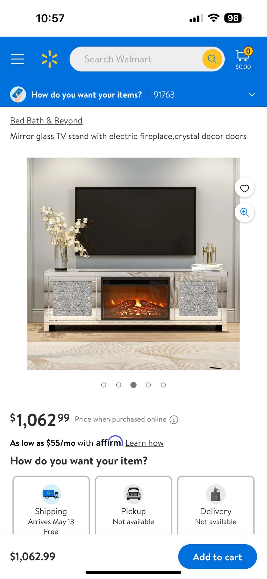 Fireplace TV Stand for TVs up to 55”, Mirrored TV Stand with 18” Fireplace LED Light Home Media Entertainment Center with 2 Storage Cabinet, Silver TV