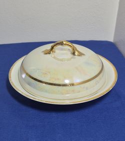 Vintage Round Covered Butter Dish Pearlized White Porcelain with Gold Trim 