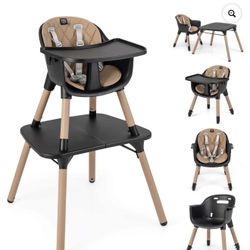 Babyjoy 4 in 1 Baby High Chair Convertible Toddler Table Chair Set with PU Cushion Brown