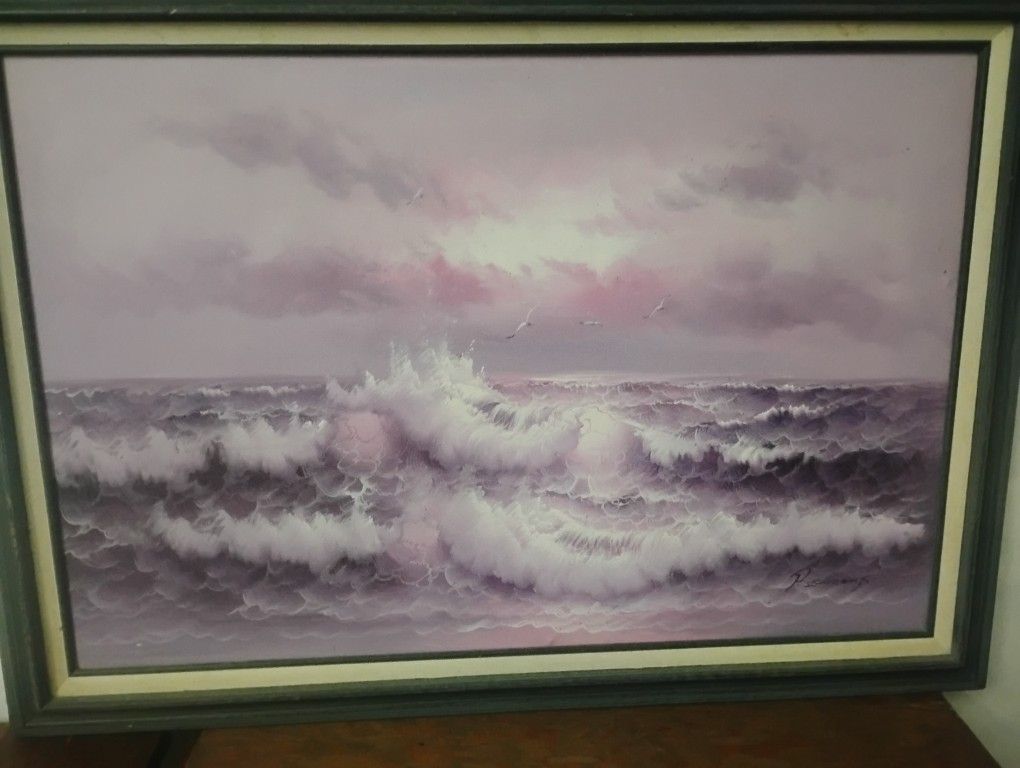 Large 40 1/2"X30" Painting Of Turbulent Skies And Sea