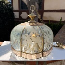 Vintage Style Brass & Etched Glass Hanging Chandelier / Pendant Light