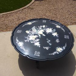 Antique Oriental Mother Of Pearl & Black Lacquer Table  3' Diameter