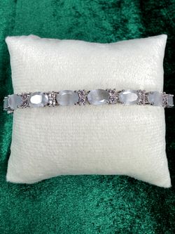 Simulated Moonstone Oval Tennis Bracelet 14K White Gold Plated 7-8"