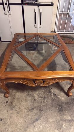 Ethan Allen Table, wood with inlaid glass