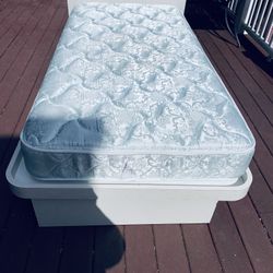 Formica Twin Platform Bed In Beige, Formica Trundle Bed In Brown Wood Grain Side, Weight Bench, Trotter Tread Mill, Tan Suede Chairs 