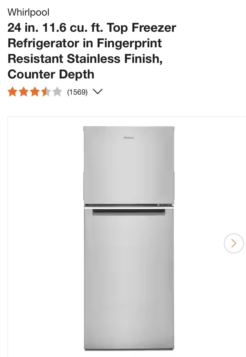 Brand New(Sealed Box ) Whirlpool 24 in. 11.6 cu. ft. Top Freezer Refrigerator in Fingerprint Resistant Stainless Finish Counter Depth