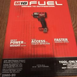 Milwaukee Fuel M18 3/8 Mid Torque Impact Wrench Tool Only