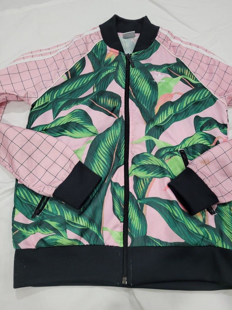 Adidas Green Palm Leaf Satin Bomber Jacket Pink