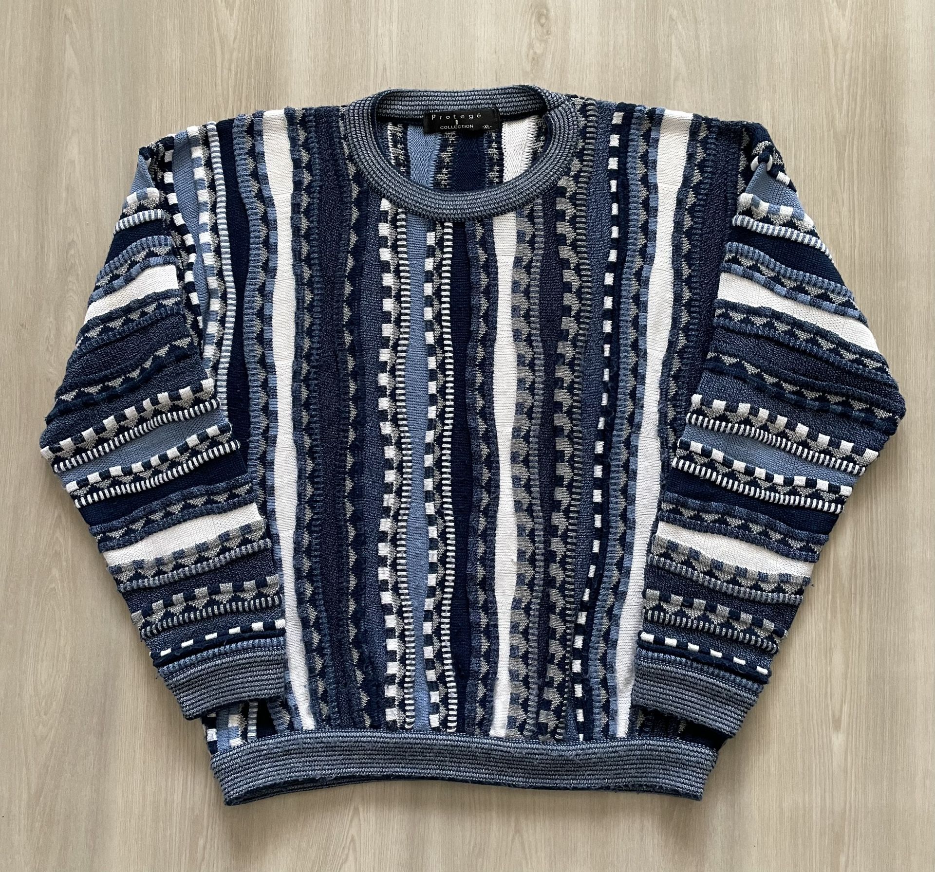 Vintage Protege Coogi Style Textured Knit Sweater Crewneck Blue Sz XL