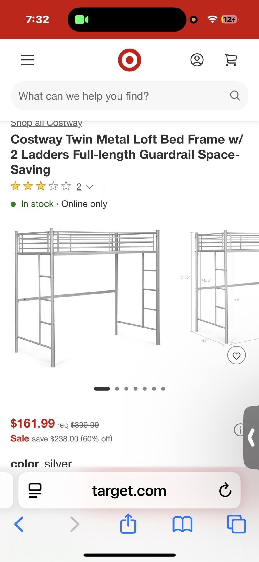 Bunk Bed Costway Twin Metal Loft Bed Frame w/ 2 Ladders Full-length Guardrail Space-Saving