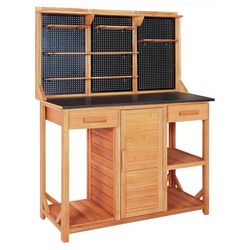 Outdoor Garden Potting Bench, Horticultural Wooden Workstation Table with Storage Drawer, Cabinet, Metal Pegboard, Adjustable Hooks and Shelves for Ba