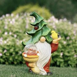 Brand New Garden Statue Gnome Figurine, Resin Gnome Sculpture Holding Mushroom Birds with Solar LED Lights, Indoor Outdoor Decoration, Patio Lawn Yard