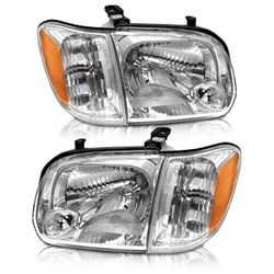 🥨Headlight Compatible with2005 2006 Toyota Tundra Double/Crew Cab and  Sequoia Headlamp Chrome Housing Driver and Passenger Side(Not compatib