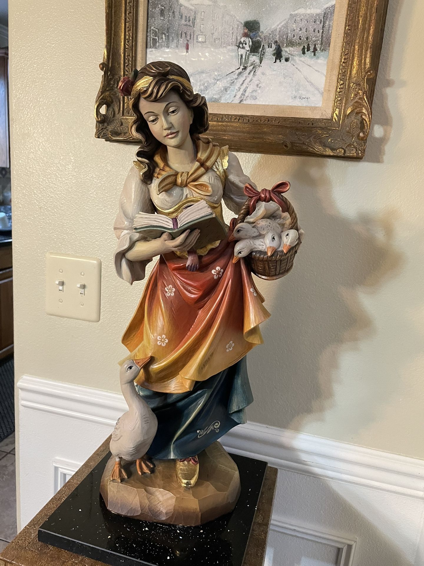 1990s Hand Carved German Wooden Figure “ Goose Girl “ 22”T