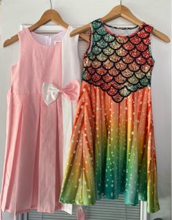 Bundle (2) Girls Dress Sunny Fashion Pink Bow Dress & Rainbow Mermaid Print