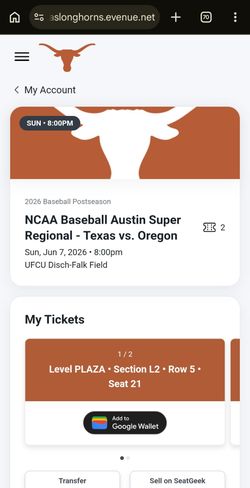 Oregon vs Texas Game 2 SUPER REGIONAL Sun June 7th 8pm Tickets pair x2