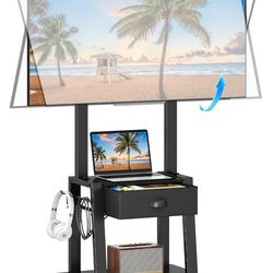 Mobile TV Stand with Drawer for 23-60 Inch TVs,Tilt Rolling TV Cart on Wheels with 2 Shelves Adjustable Height Portable TV Stand for Bedroom/Living Ro