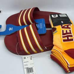 adidas Adilette Slides G16220 Men's Sandals Team Power Red Colleg Gold Size 10 and 11 With Miami Heat Socks 