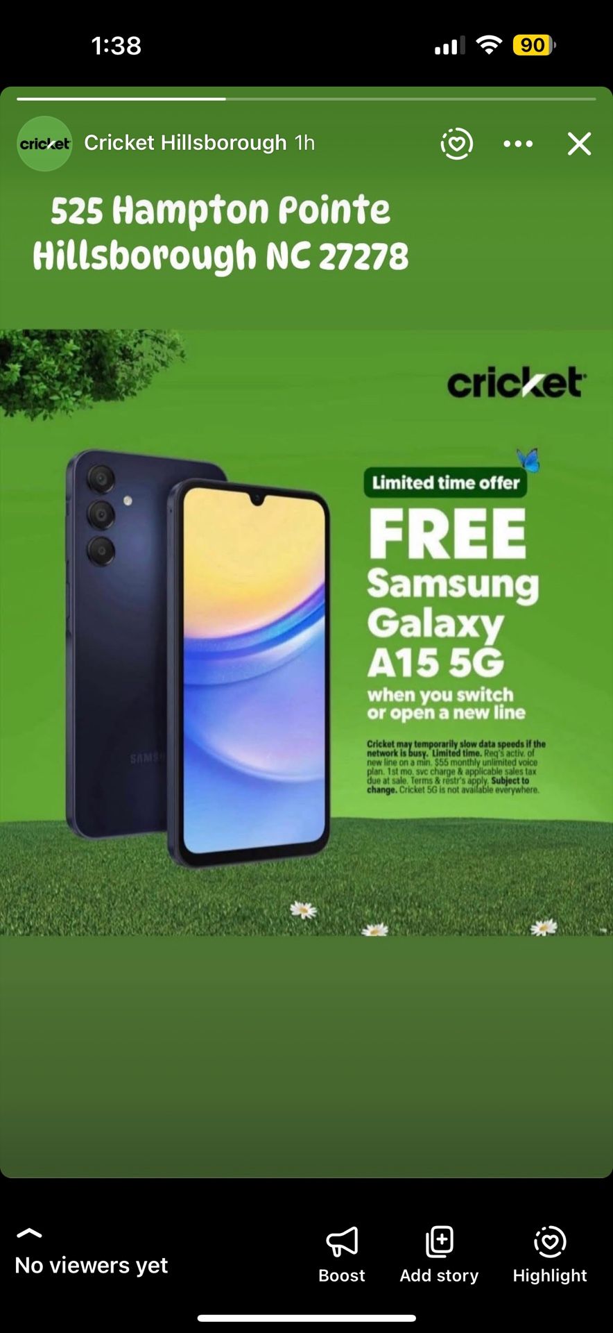 Get A Green Samsung A15 When You Switch Over To Cricket Or Add A Line To Your Account Located 525 Hampton Pointe Blvd Hillsborough NC 27278