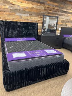 Luxurious plush corduroy upholstered bed features wireless speakers & charger