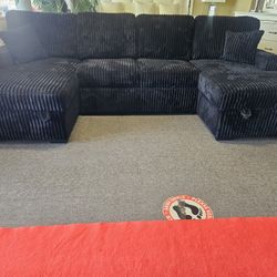 Brand New 60"×120"×60" Black Cordoroy U Sectional With Sofa Sleeper Amd Two Storage Chaises