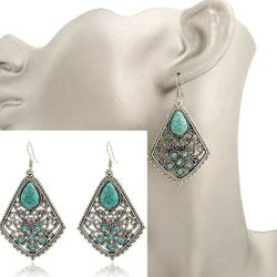 Ethnic Tribal Tibetan Silver Turquoise Crystal Waterdrop Inlay Earring