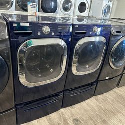 LG blue Mega capacity washer and dryer set electric with warranty
