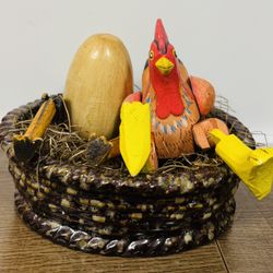 Rooster Chicken & Egg  Wooden Hand Painted - Jointed Legs - Articulated - $5 for the Set of Figurines & Nest  