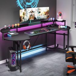 XK00383X 75 Inch Gaming Desk with Monitor Shelf, Large PC Computer Desk with LED Lights, Gaming Table Gamer Desk for Bedroom, Home Office, Black